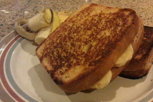 A homemade fried peanut butter and banana sandwich on fresh baked bread