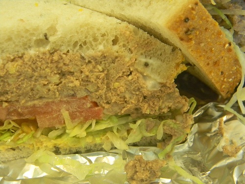 A closeup of the chopped chicken liver sandwich.